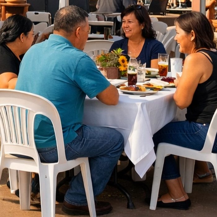 White folding chairs arranged around linen-covered tables at an outdoor party.