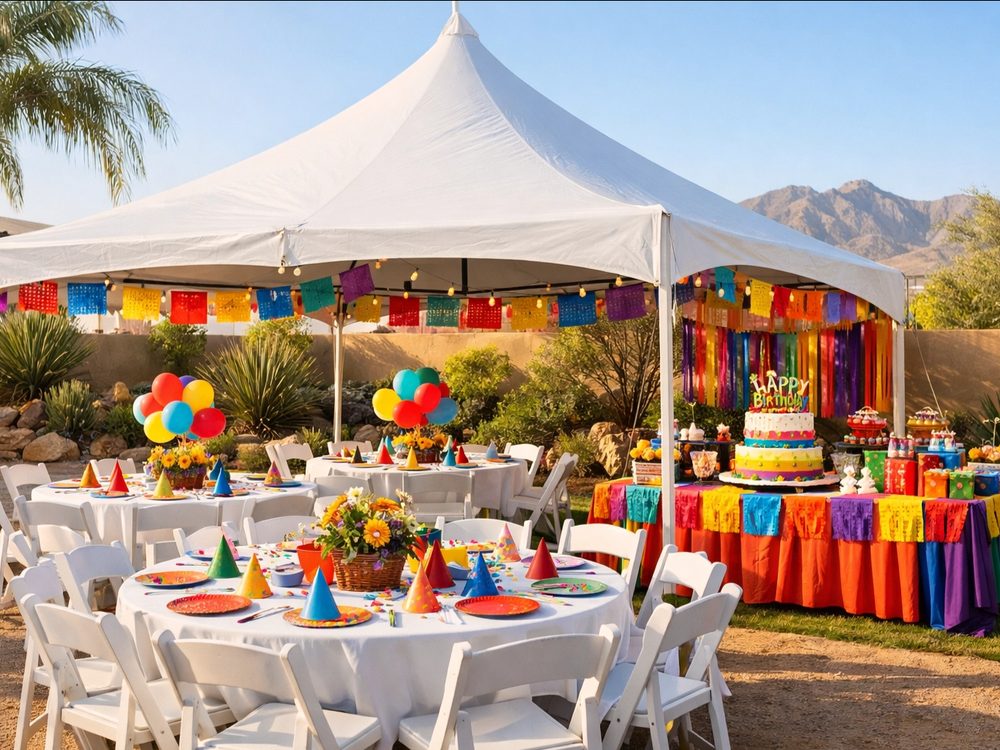 A children's birthday setup under a high-peak tent with papel picado, balloons and a cake table.