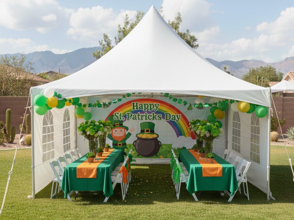 A 20 by 20 tent with sidewalls and arched windows decorated for a St. Patrick's Day party with green linens.