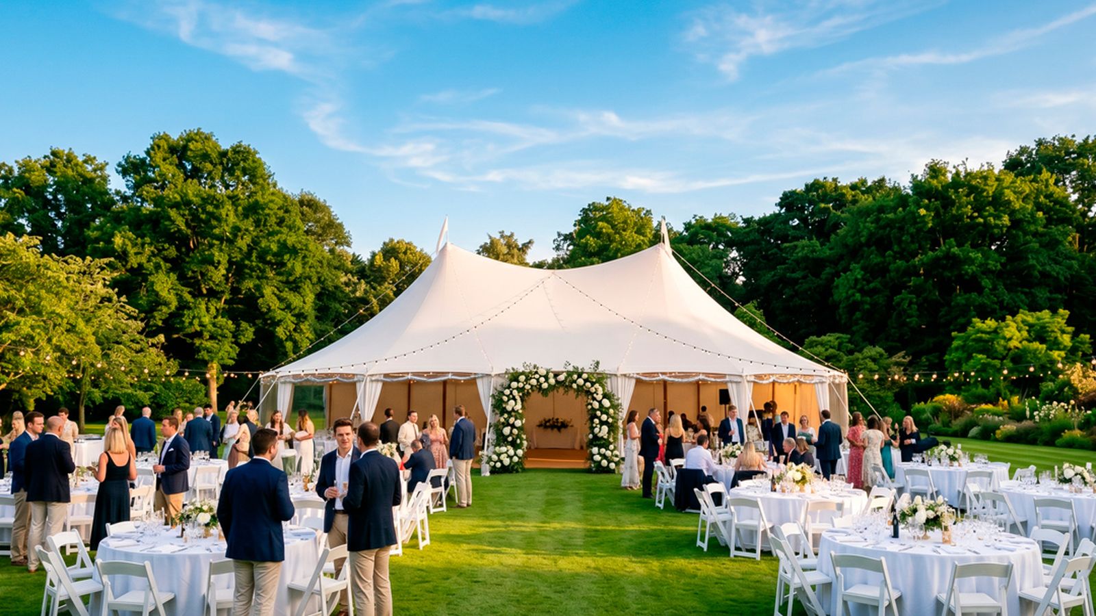 A white high-peak party tent on a green lawn at golden hour, surrounded by round tables with white linens and folding chairs while guests mingle.