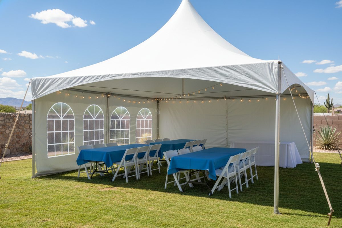 A 20 by 20 white high-peak frame tent with arched window sidewalls, string lights and banquet tables with blue linens on a backyard lawn.