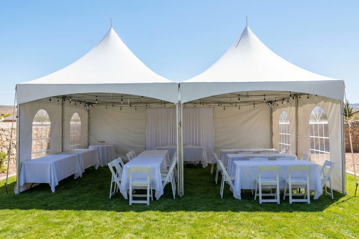 Two 20 by 20 high-peak tents joined into a single 20 by 40 space, with long banquet tables and white folding chairs inside.