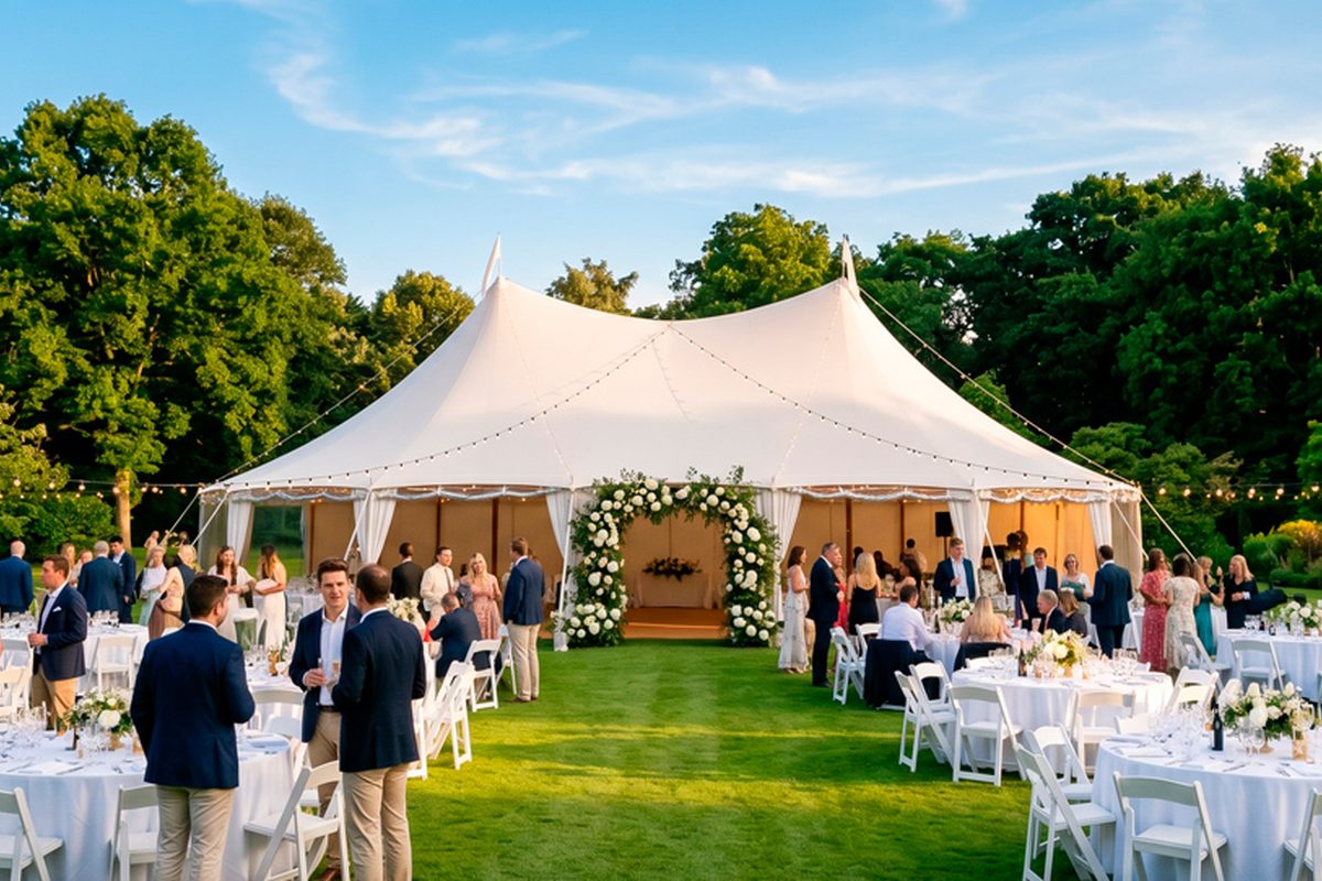 A large white high-peak tent covering a full seated reception with round tables, florals and string lights.