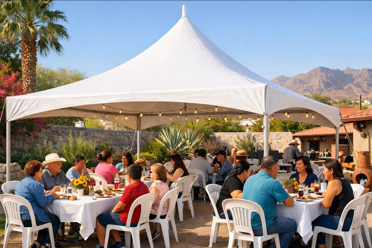 A white high-peak frame tent shading long tables of guests eating together, with the Franklin Mountains behind the yard wall.